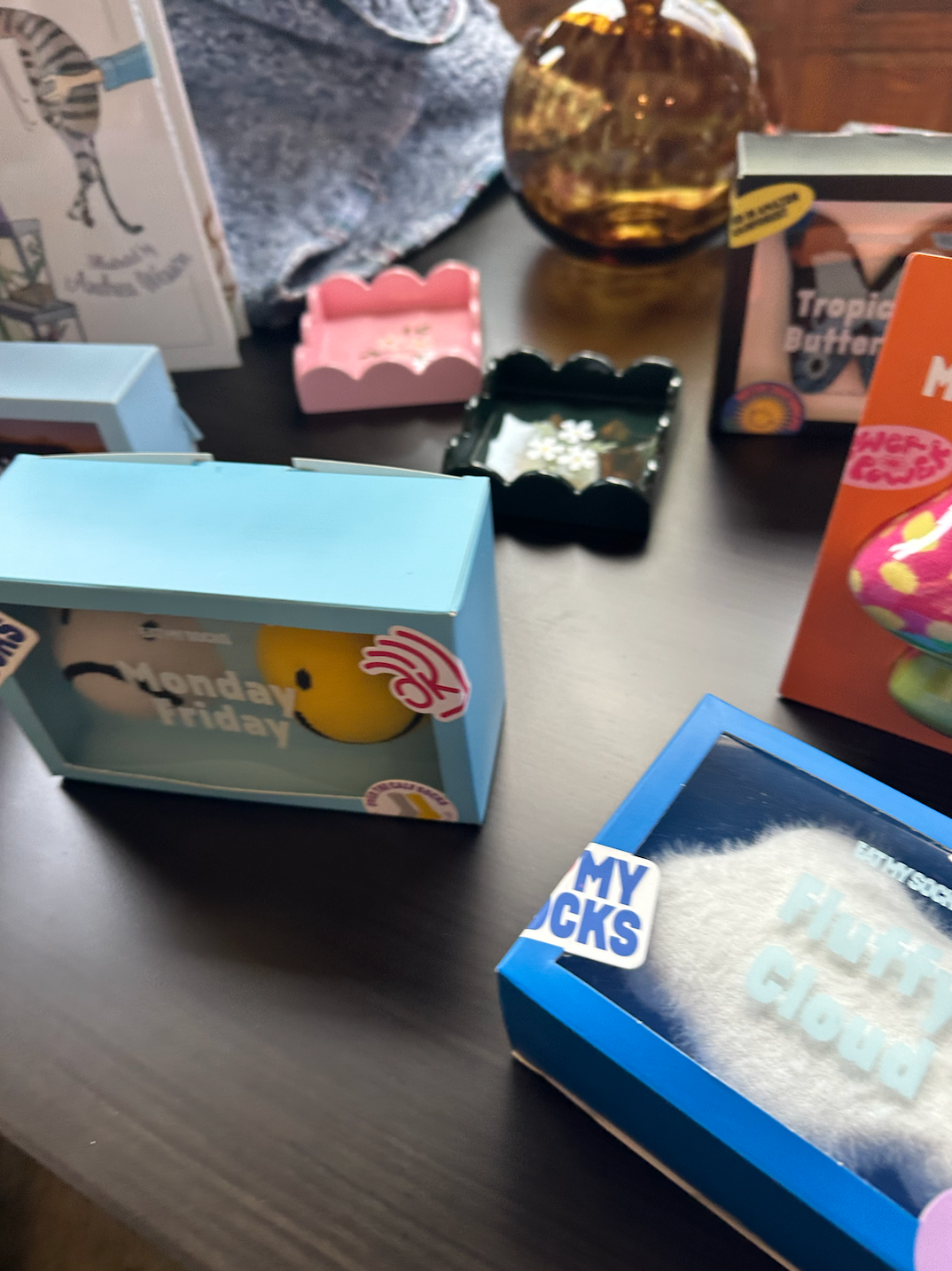 A blue box with a sticker on it that says my socks