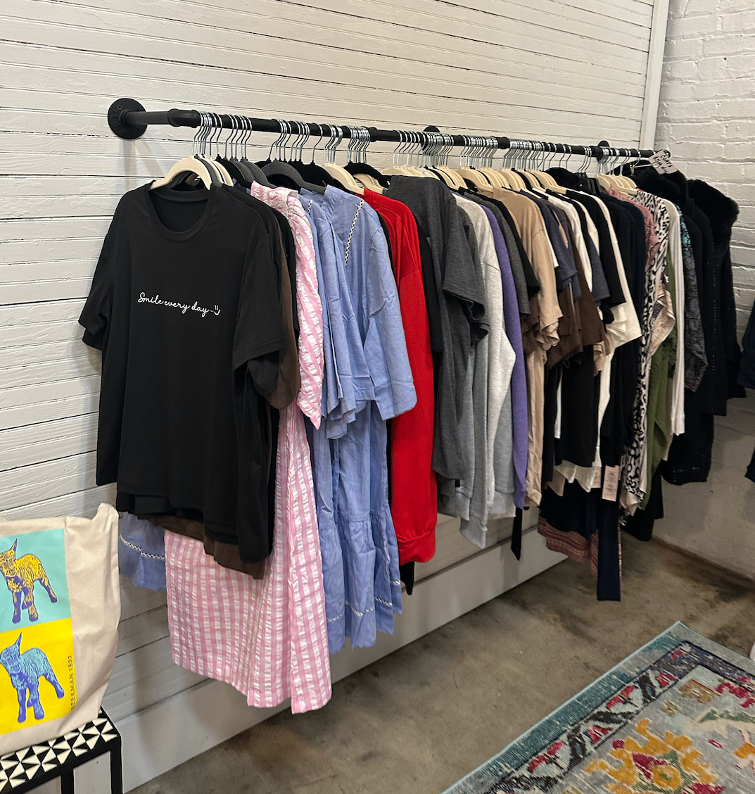 A bunch of clothes are hanging on a rack in a store