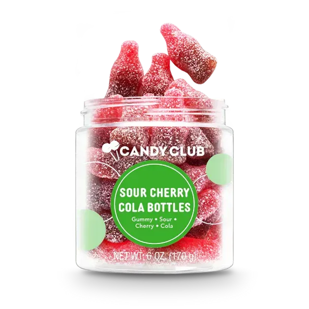 A jar of sour cherry cola bottles by candy club