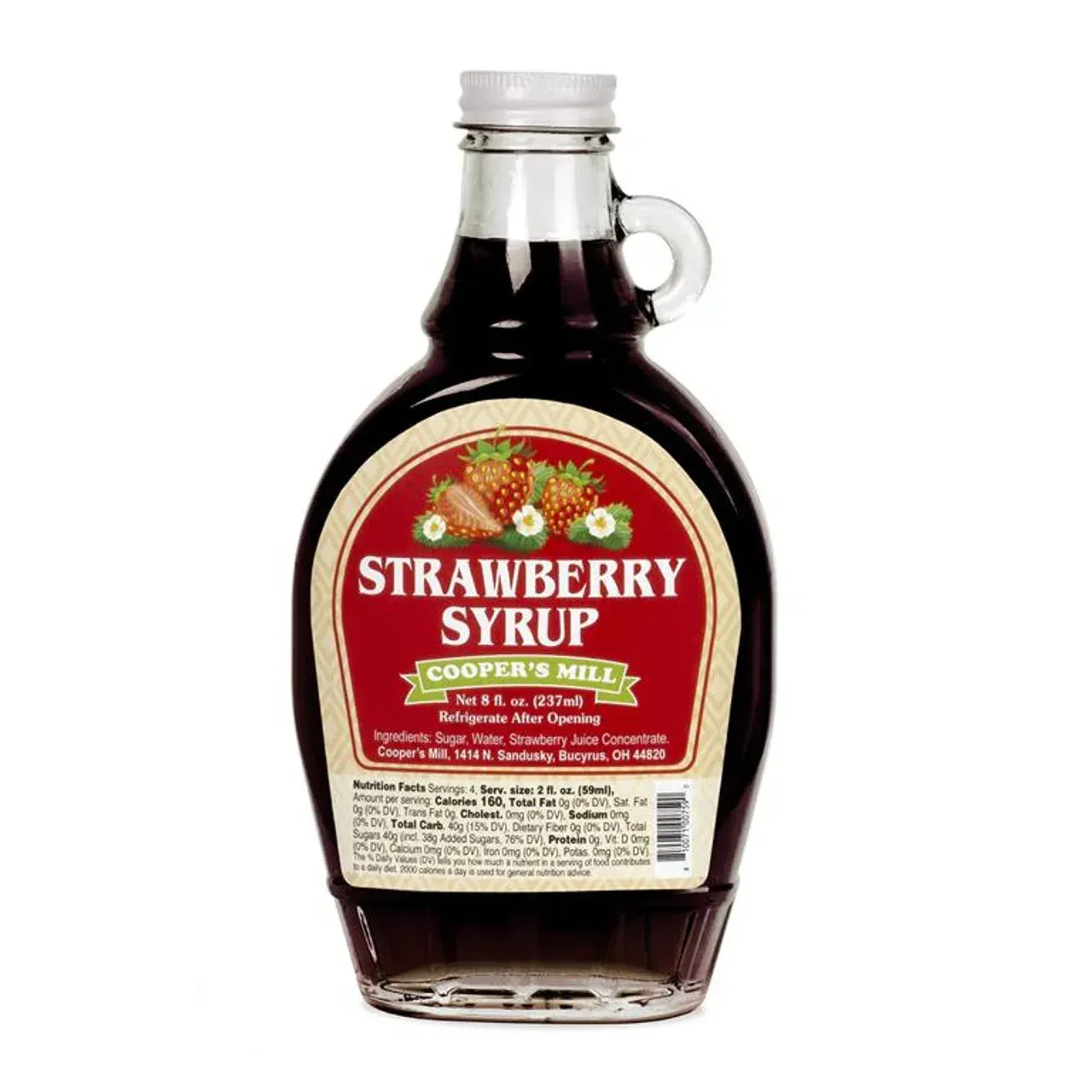 A bottle of strawberry syrup with strawberries on the label