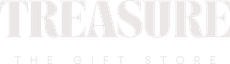 A white logo for treasure the gift store on a white background.