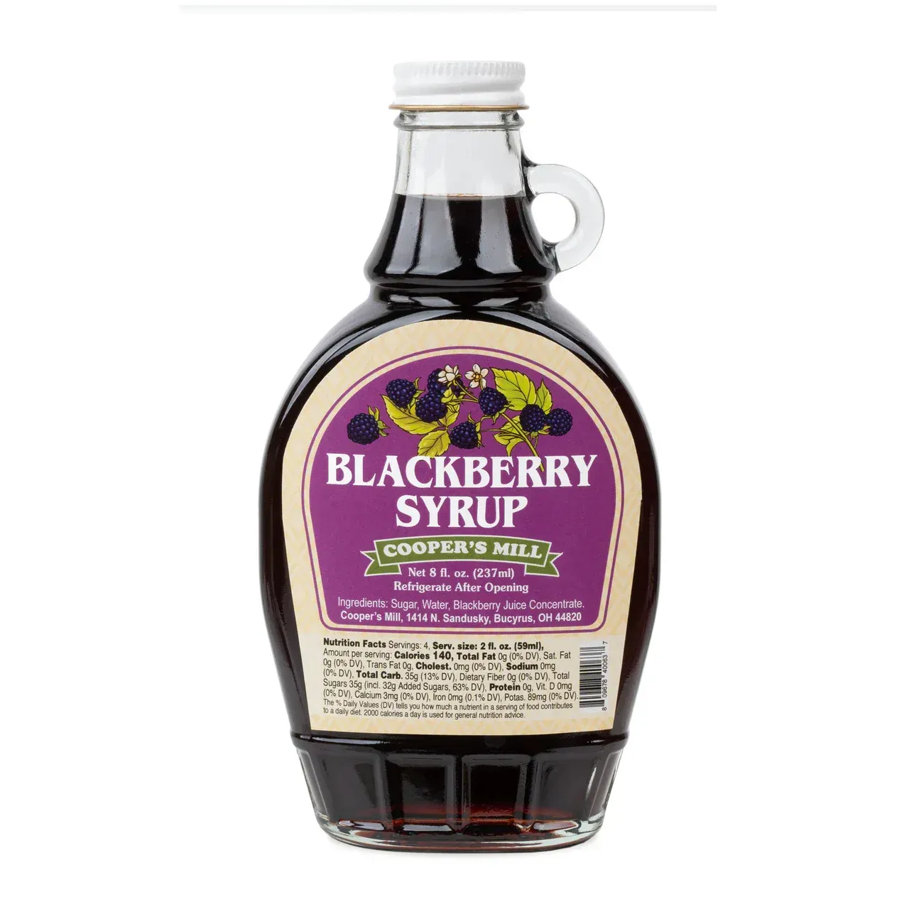 A bottle of blackberry syrup with a purple label