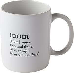 A white coffee mug with a definition of mom on it.