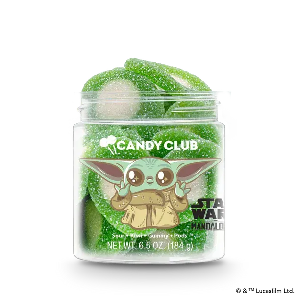 A jar of candy club star wars mandalorian the child gummy candies.