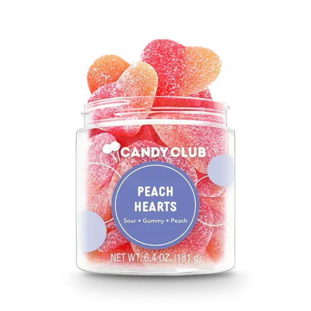 Candy club peach hearts gummy candy in a jar