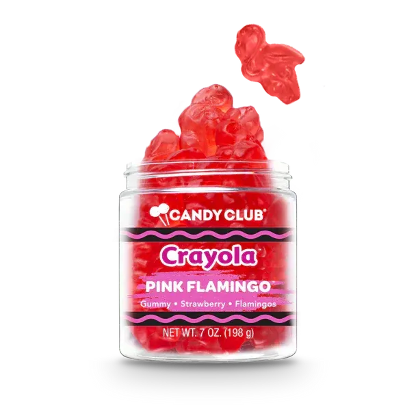 A jar of crayola pink flamingo gummy candy