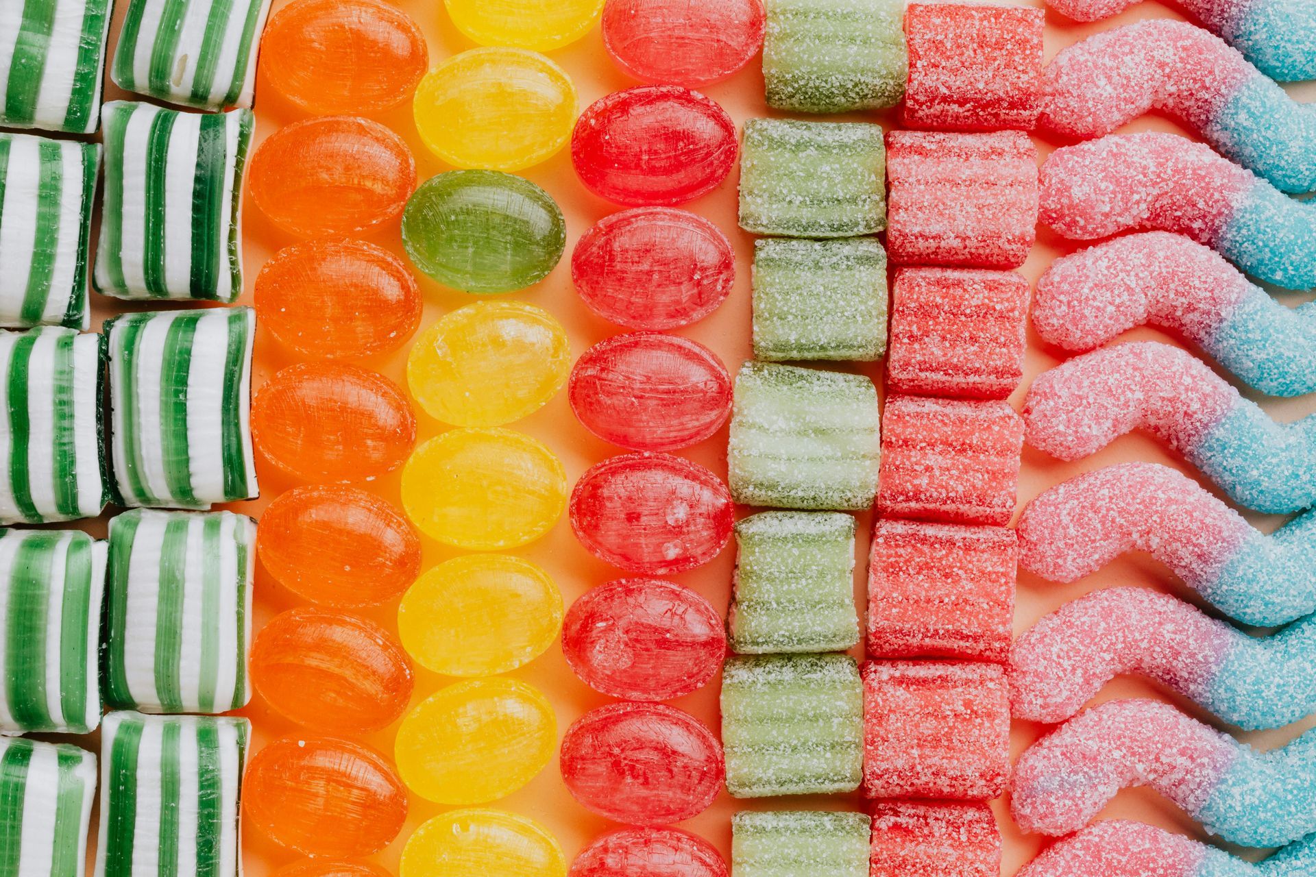 There are many different types of candy in this picture.