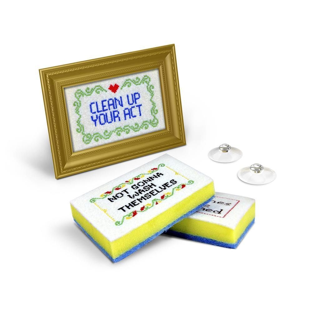 A cross stitch with the words clean up your act on it