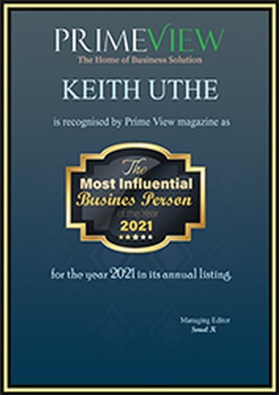 Keith Uthe is recognized by primeview magazine as the most influential business person of the year for the year 2021.