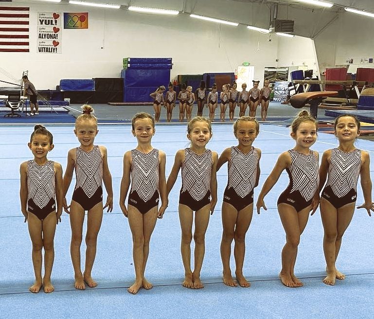 A group of young girls are posing for a picture in a gym