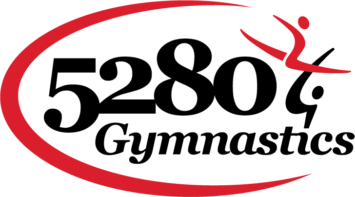 A logo for 52804 gymnastics with a red circle around it