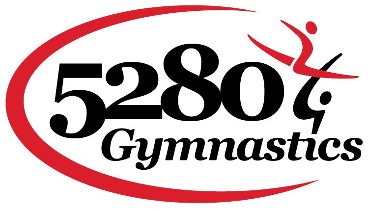 A logo for 52804 gymnastics with a red circle and a gymnast on it.