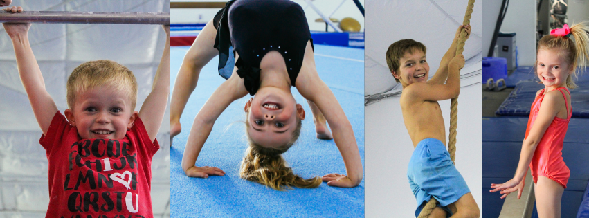 A collage of four pictures of children doing gymnastics.