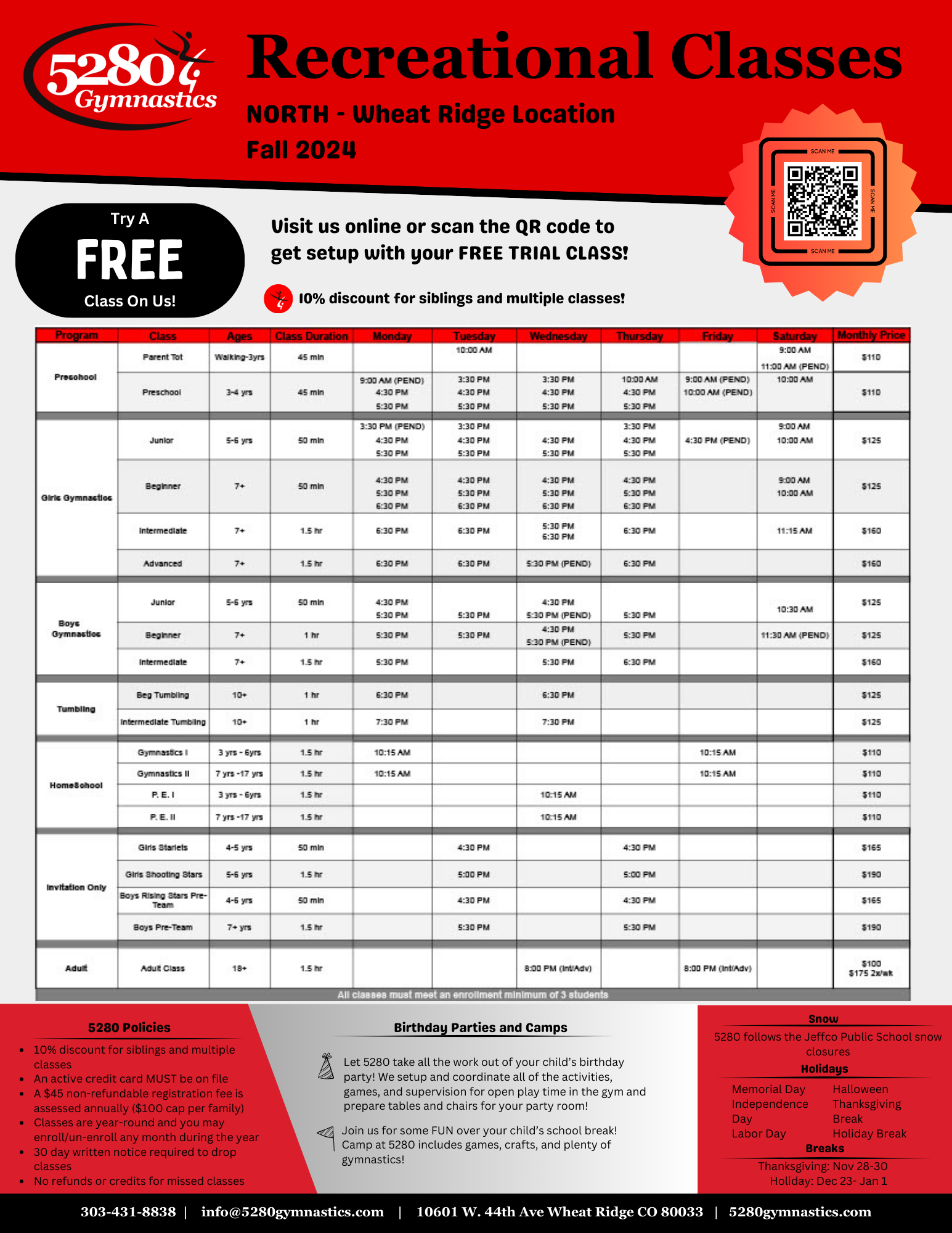 A flyer for recreational classes with a free qr code
