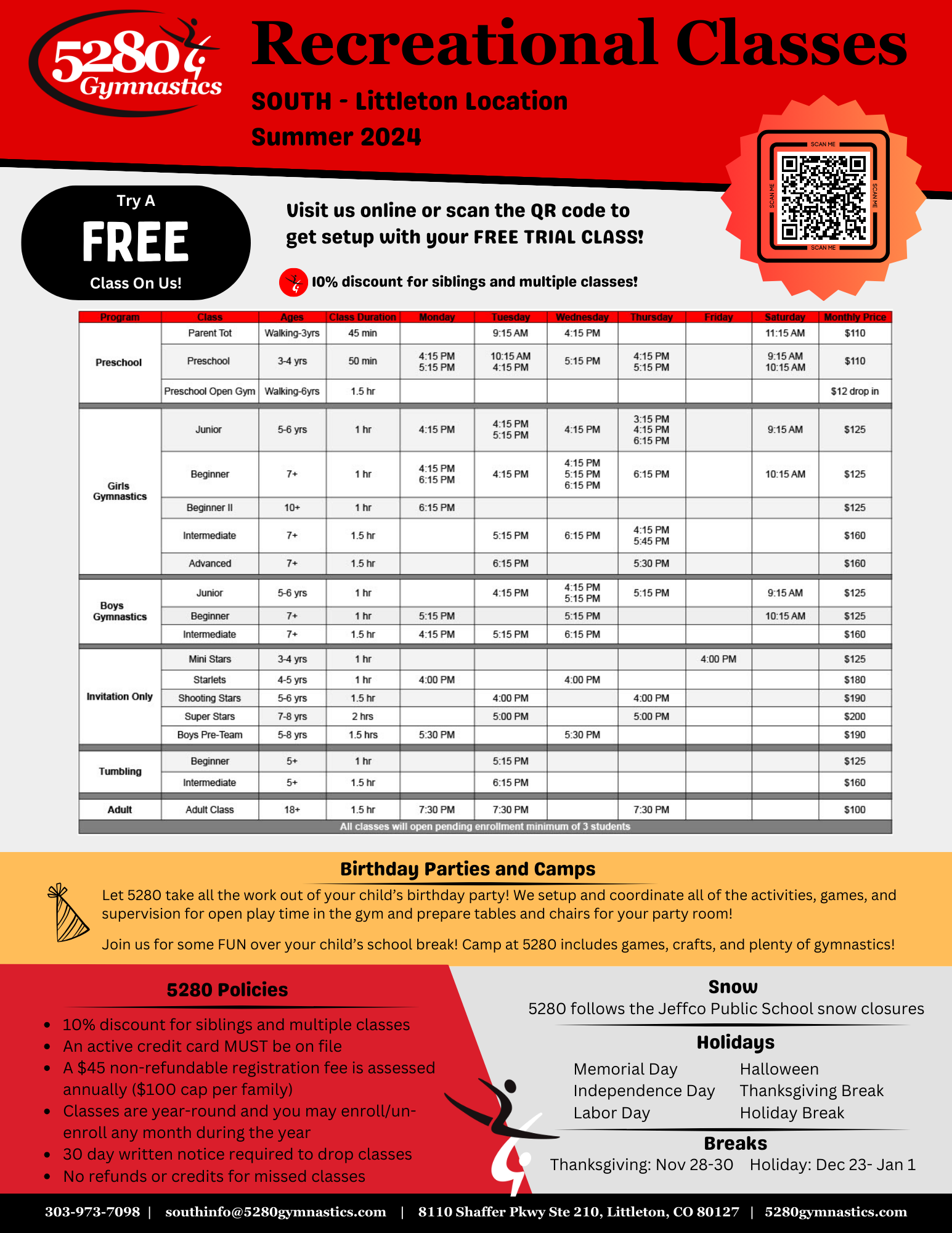 Littleton Rec & Ninja Schedules 5280 Gymnastics