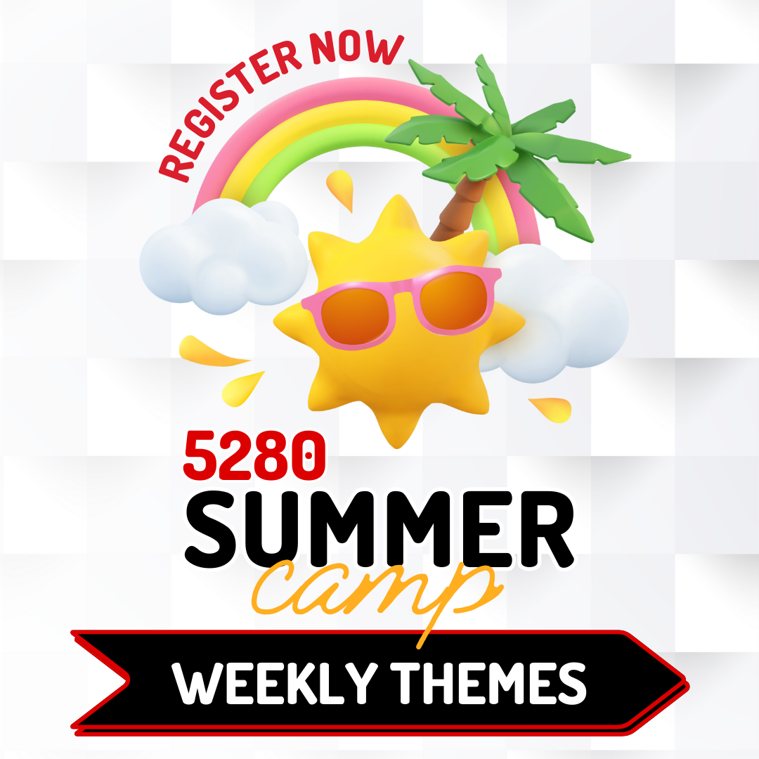 2024 summer camp flyer with a sun wearing sunglasses and a palm tree.