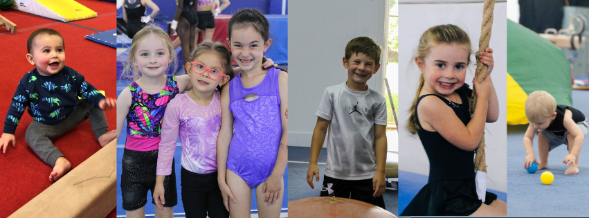 A collage of pictures of children playing in a gym.