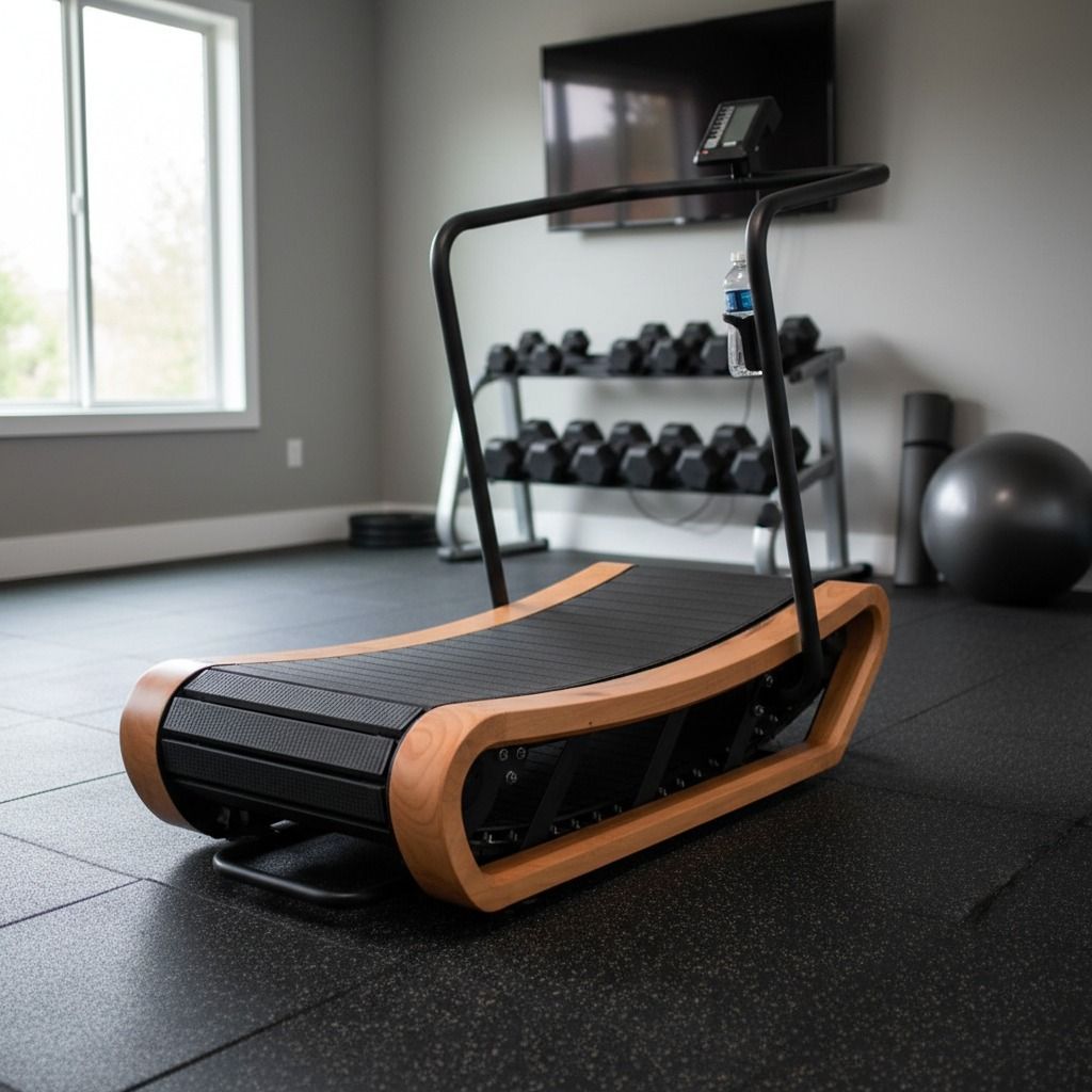 A wooden curved manual treadmill sits on black rubber flooring in a home gym, with a weight rack and fitness ball behind.
