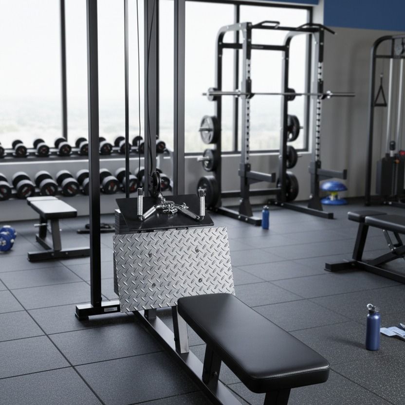 A modern gym interior with a weightlifting squat rack, a leg press machine, dumbbells on a rack, and a workout bench.