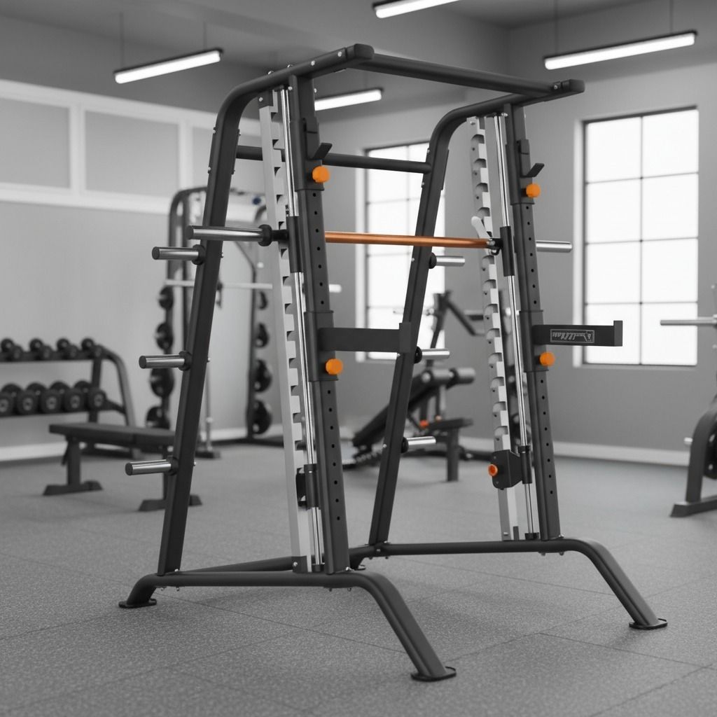Black Smith machine in a gym, with weight storage racks and a wooden-colored barbell, set in a bright fitness facility.