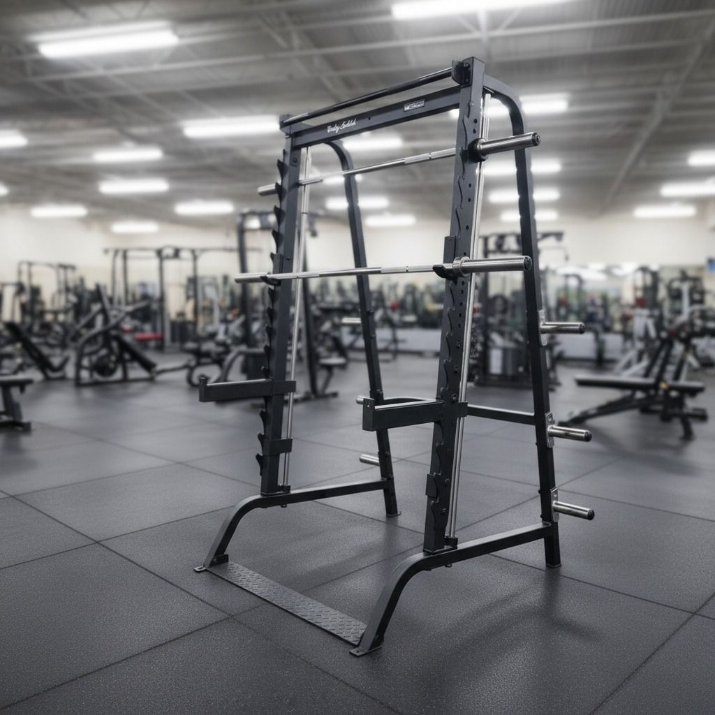 A black weight rack with an attached barbell stands in the center of a well-lit gym with rubber flooring.