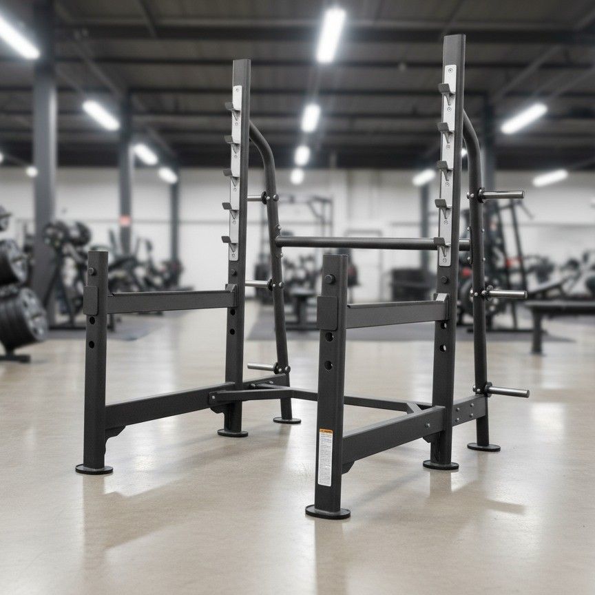 A black squat rack with built-in safety arms and plate storage standing in a gym.
