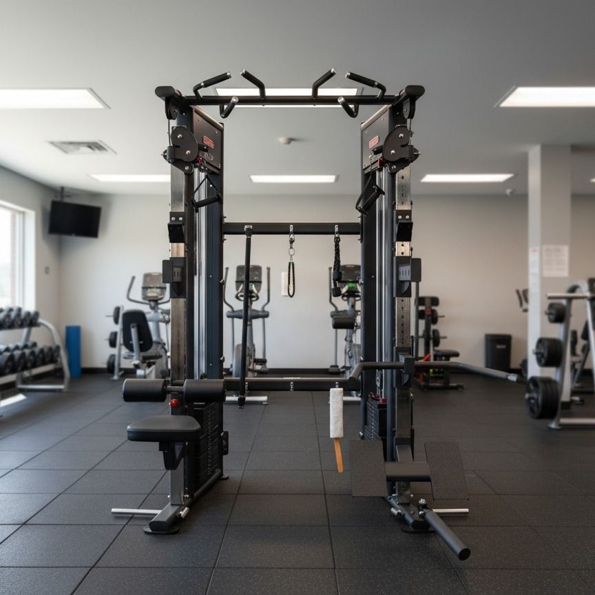 A multi-functional black gym equipment station sits in the center of a spacious room with other fitness machines.