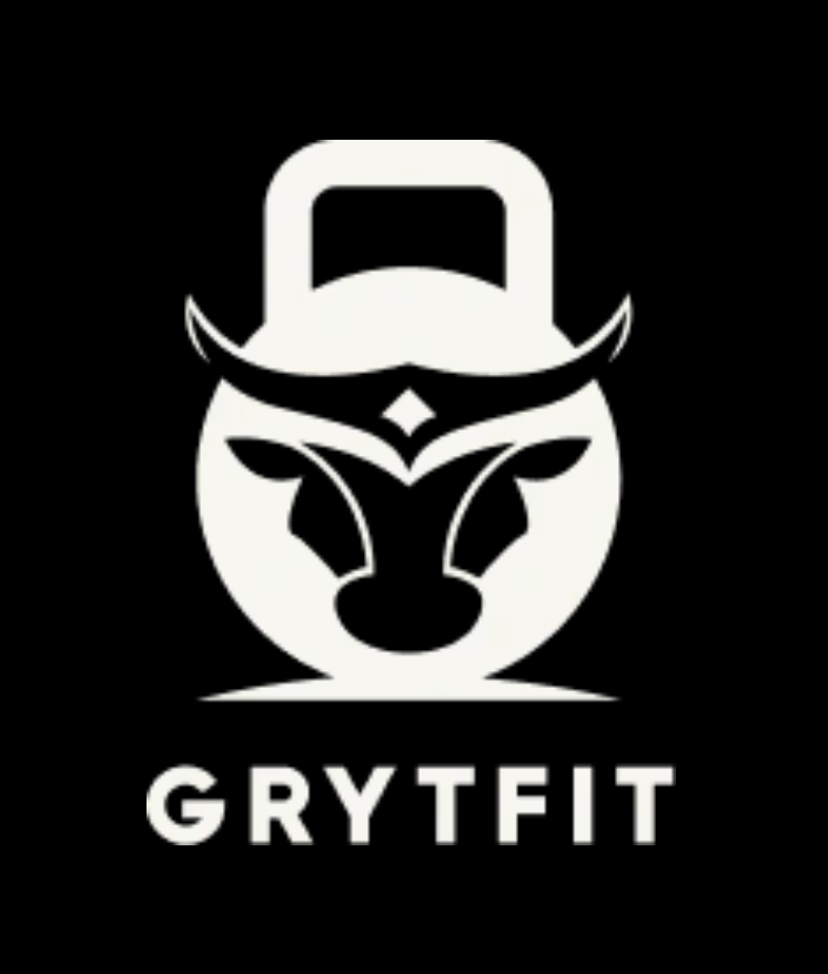A white logo on a black background featuring a stylized bull head integrated into the shape of a kettlebell, text 