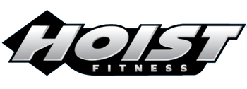 The HOIST Fitness logo featuring bold, silver metallic lettering on a black geometric background.