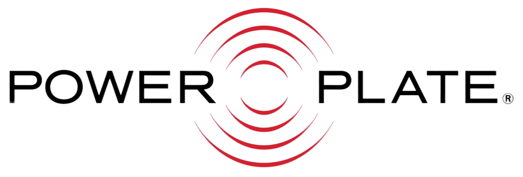 The Power Plate logo features the brand name in black text with a series of red concentric circles between the two words.