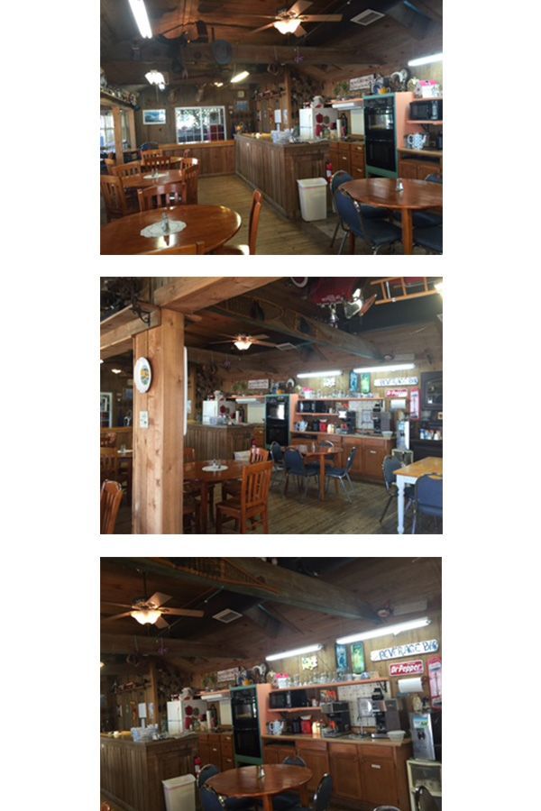 A collage of three pictures of a restaurant with tables and chairs.