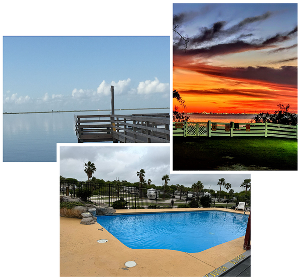 A collage of pictures shows a dock a sunset and a pool