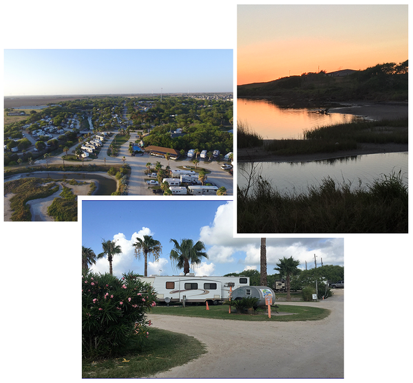 A collage of pictures shows a rv parked in a campground