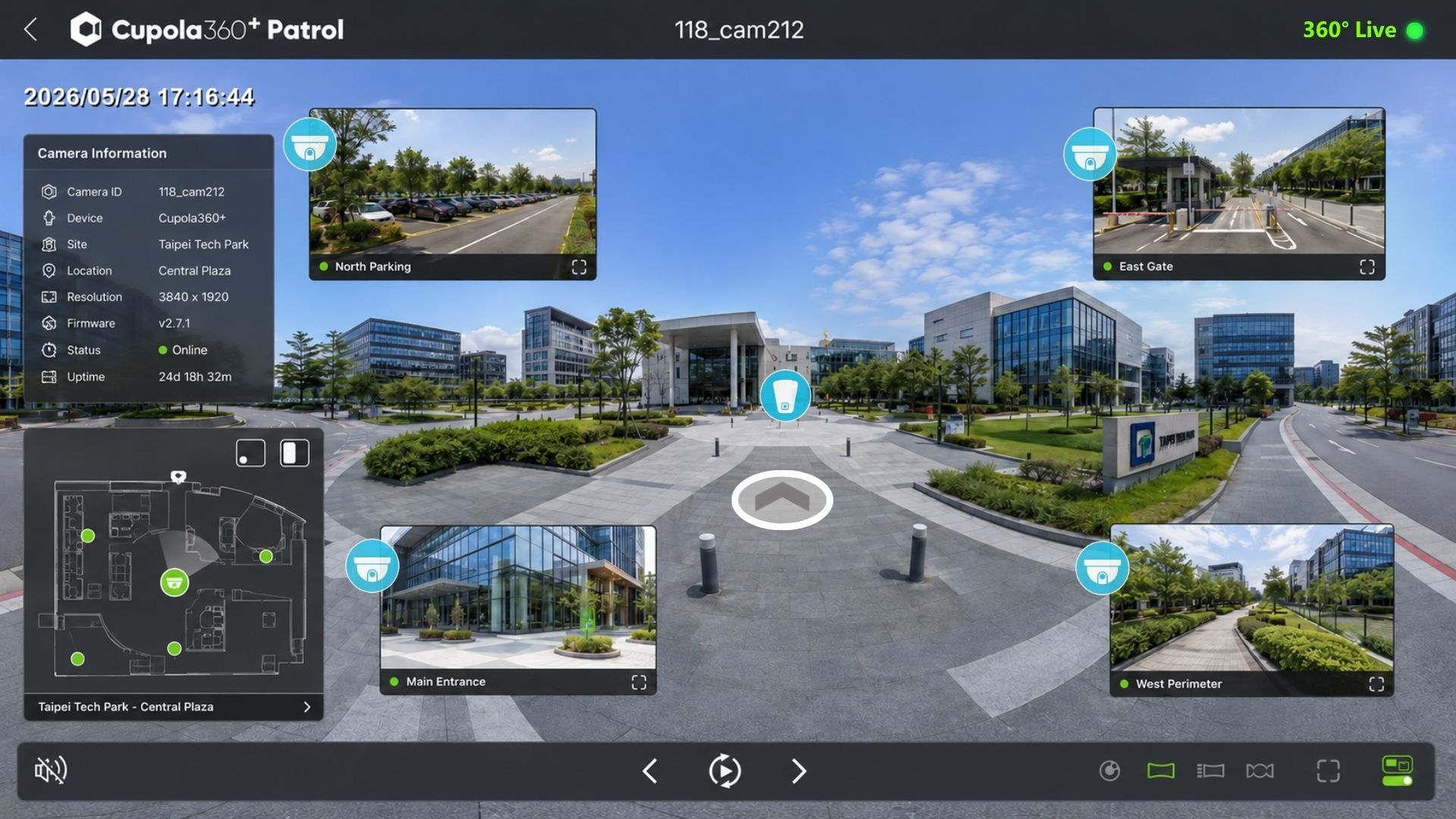Cupola360+ Patrol 360° site monitoring interface with PIP camera views and floor plan mapping