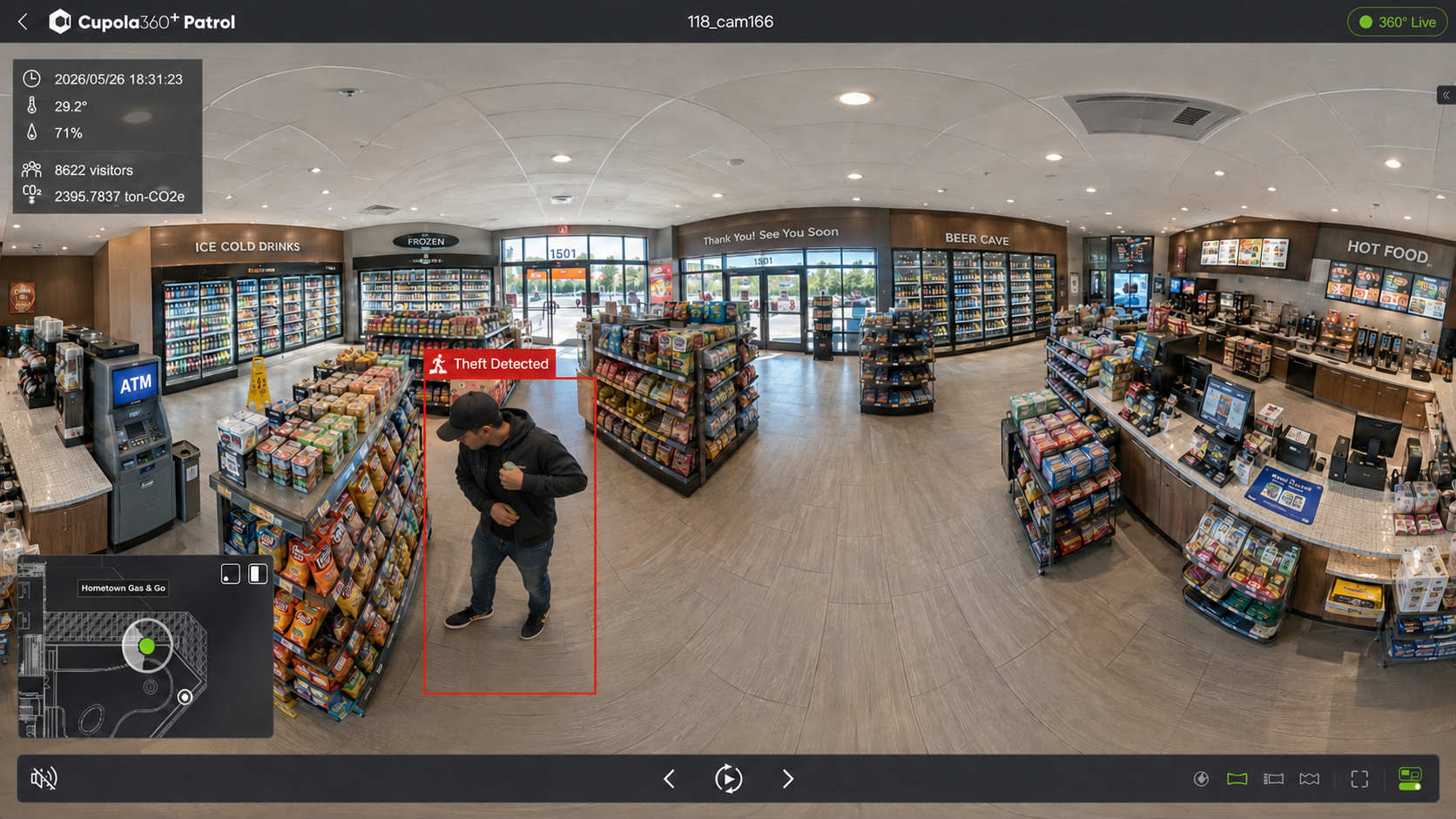 Cupola360+ Patrol 360° site monitoring interface with PIP camera views and floor plan mapping