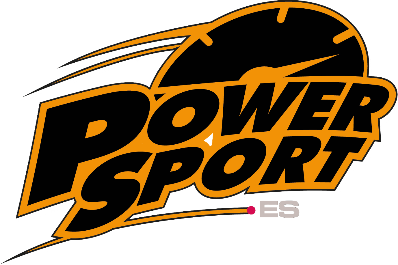 Logotipo de PowerSport.es con texto negro en negrita con contorno amarillo y un icono estilizado de veloc&iacute;metro encima.