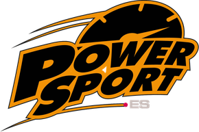 Logotipo de PowerSport.es con texto negro en negrita con contorno amarillo y un icono estilizado de veloc&iacute;metro encima.