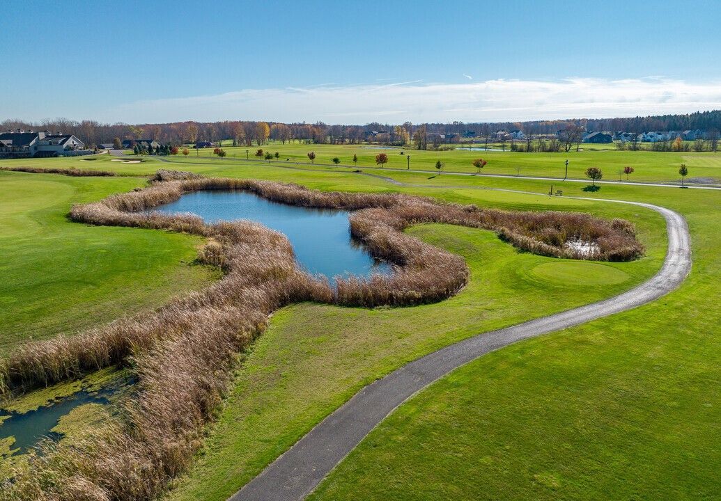 An aerial view of a golf course with a pond and a path.