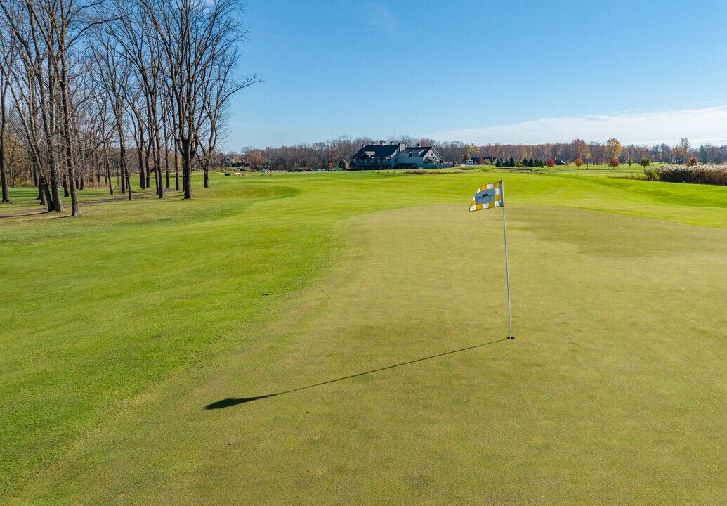 An aerial view of a golf course with a flag on the green.