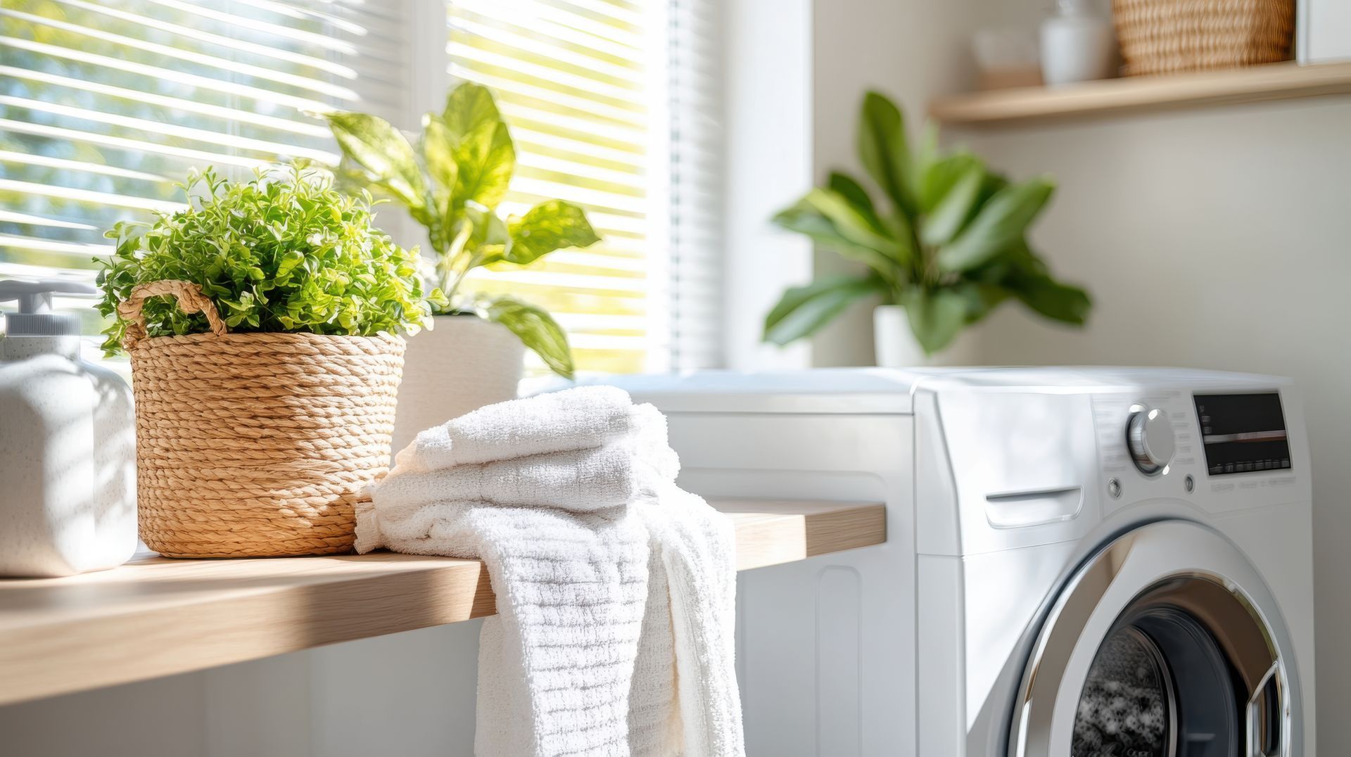 A washing machine is sitting on a counter next to a window in a laundry room.