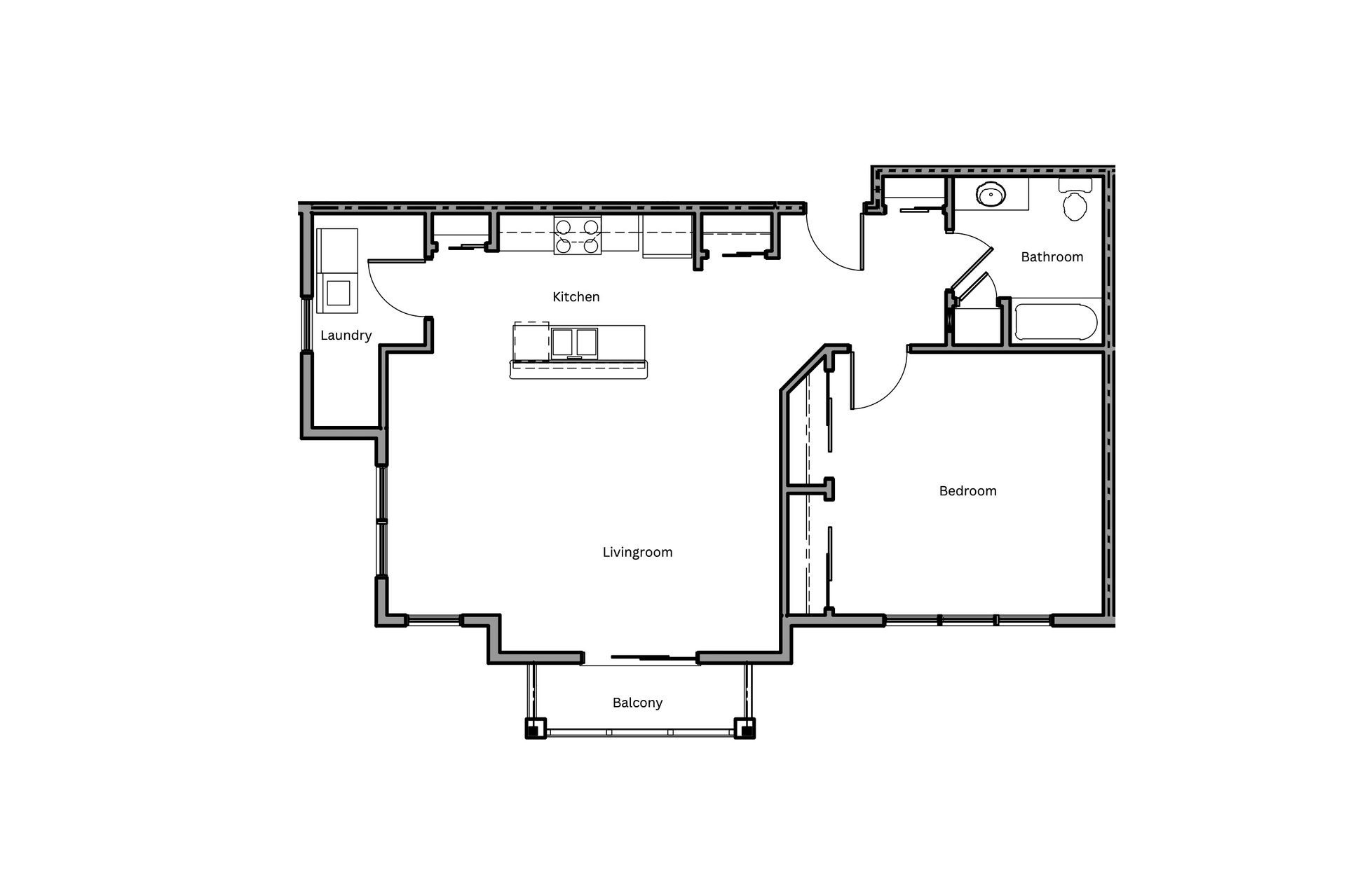 A black and white floor plan of a house with a balcony.