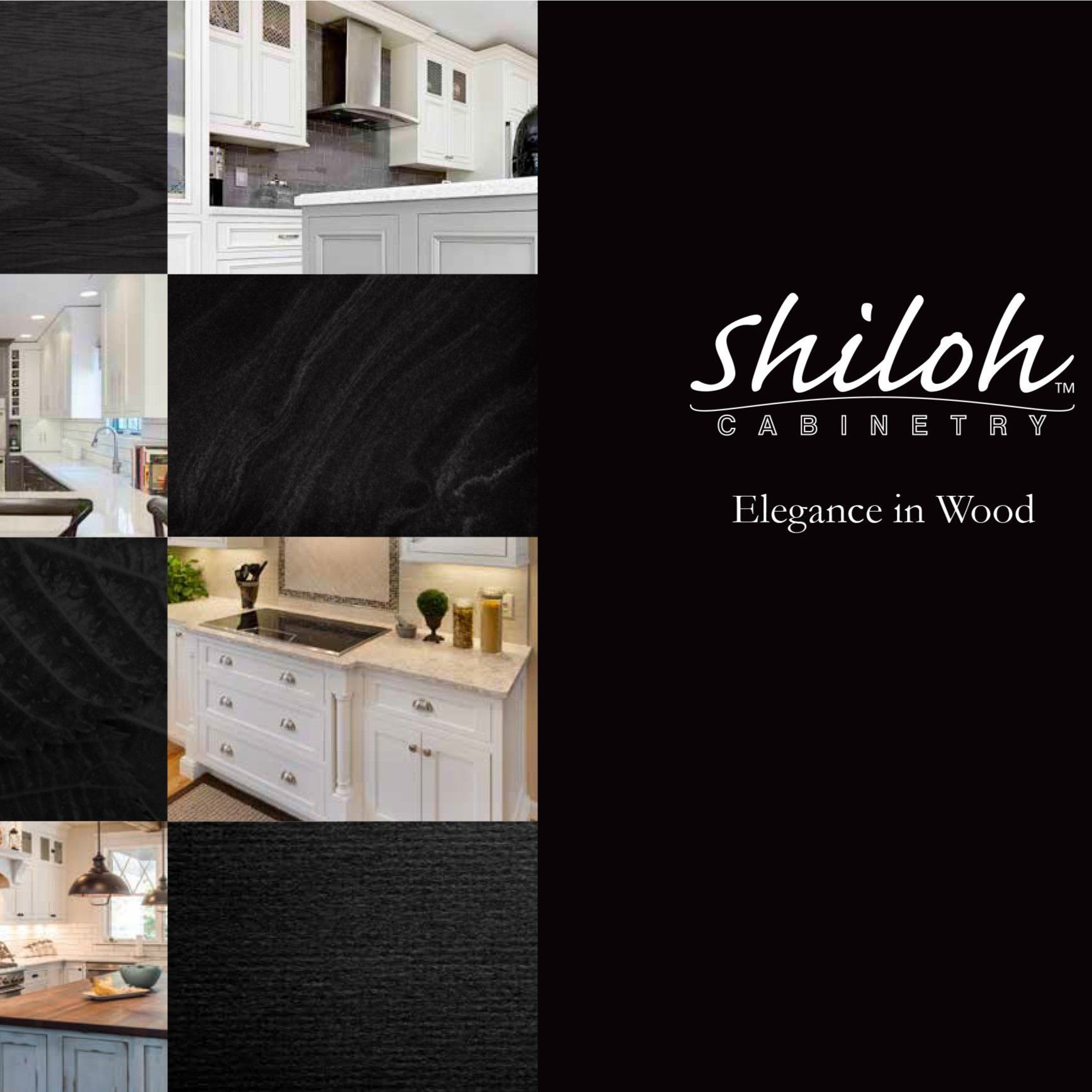 A brochure for shiloh cabinetry shows a kitchen with white cabinets