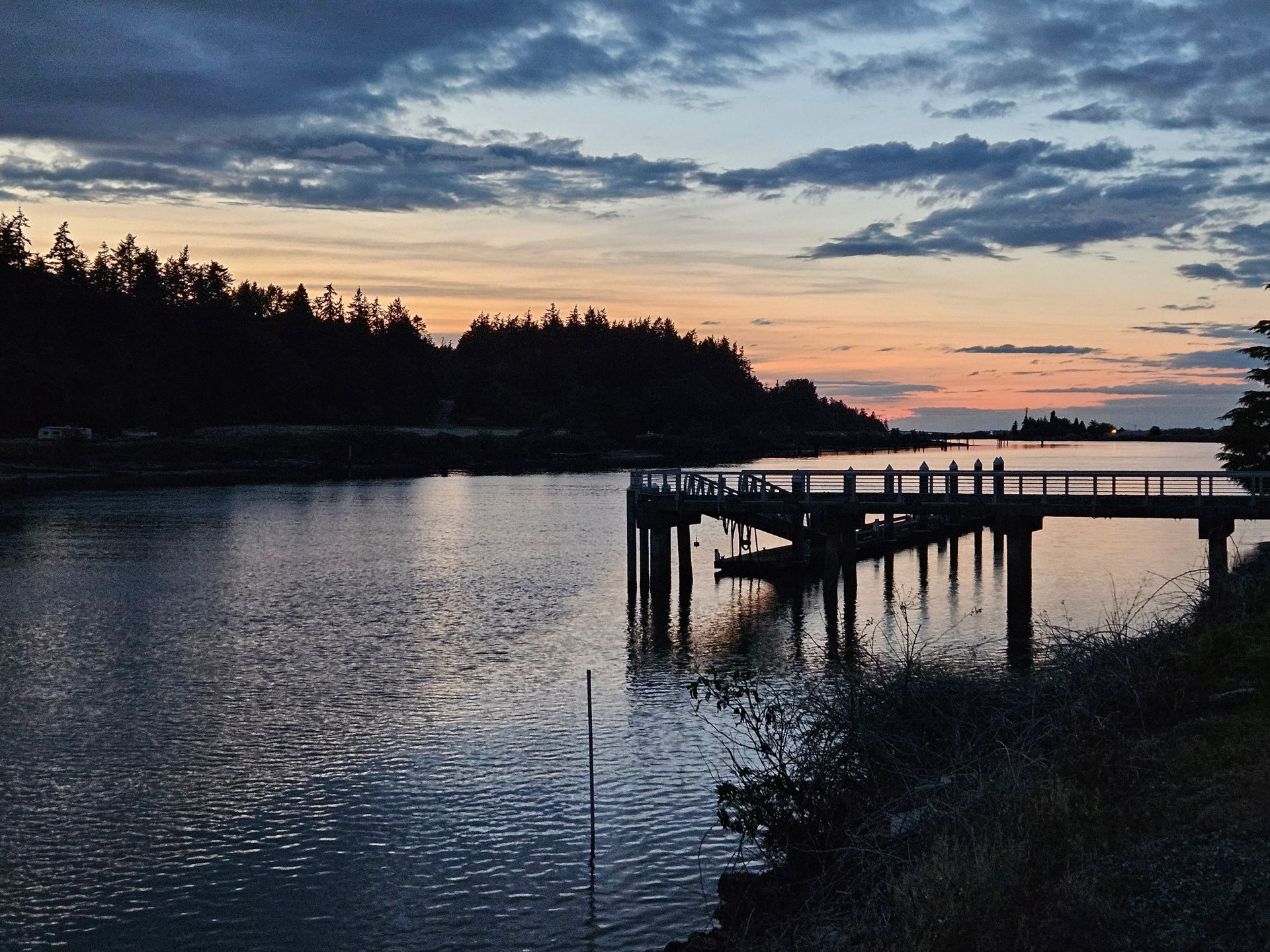 Beach at night in La Conner on Swinomish channel. 