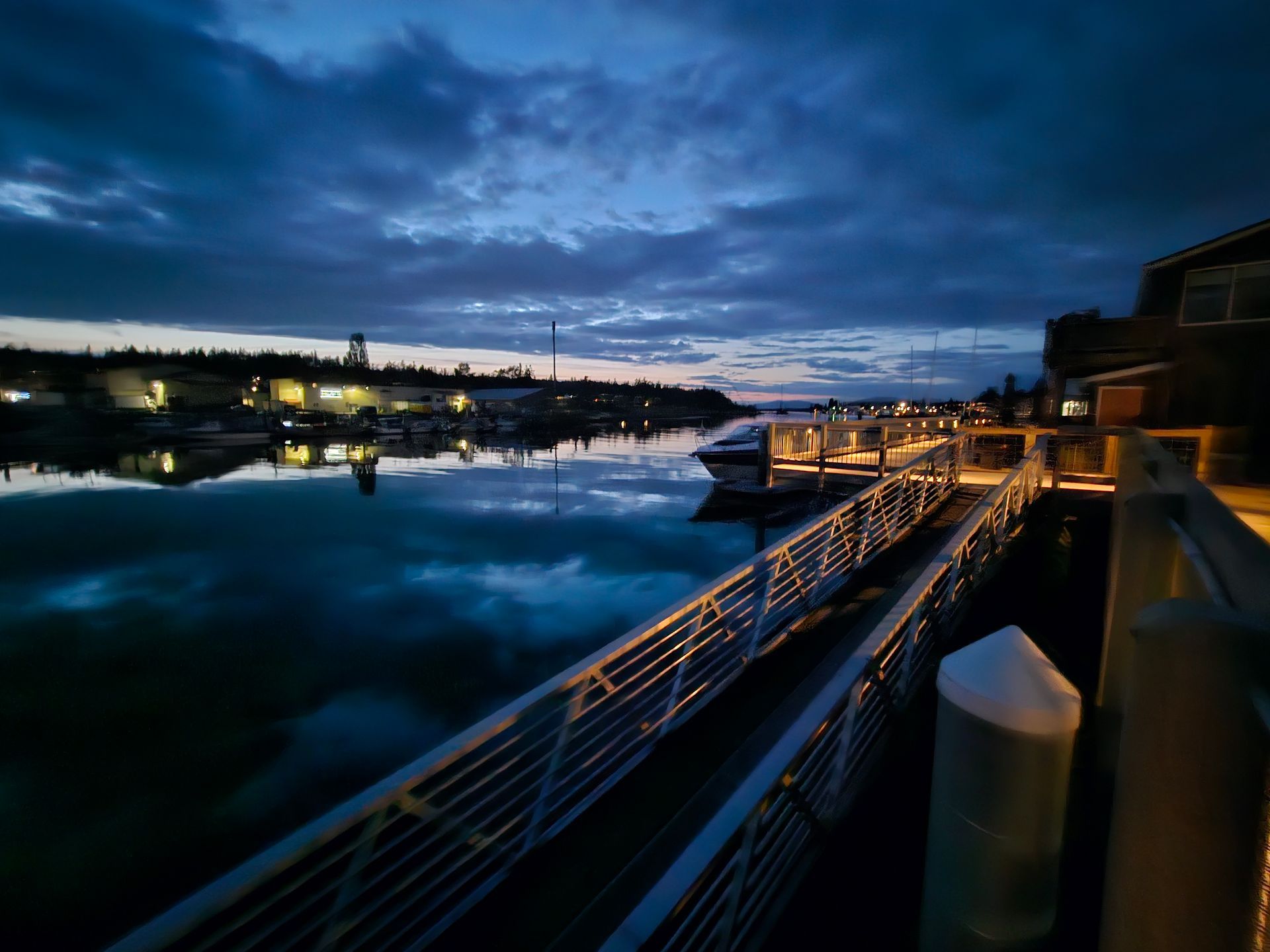 Swinomish channel in town at dusk. 