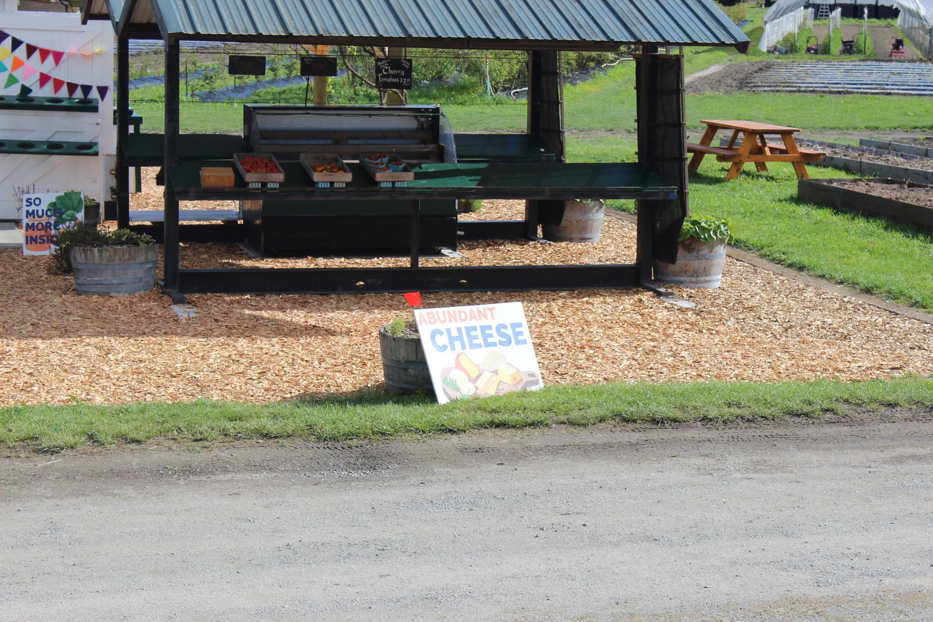 A shelter with a sign that says cheese on it