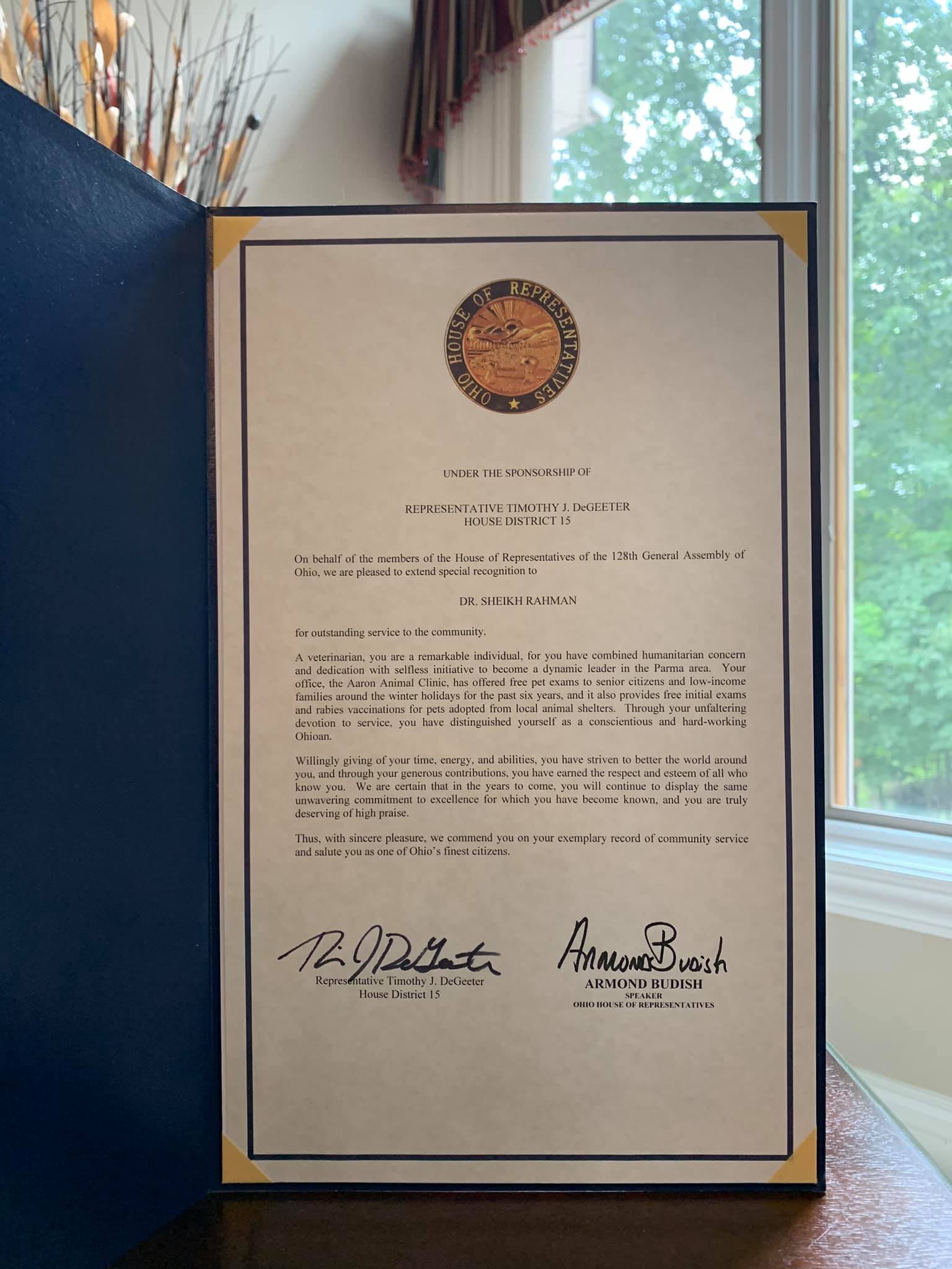 Ohio House of Representatives Award | Parma, OH | Aaron Animal Clinic