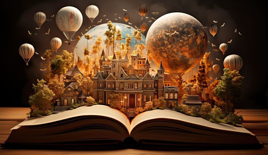 Open book with a fantastical city rising from its pages, surrounded by air balloons and planets.