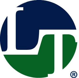 A blue and green logo with the letter l on it