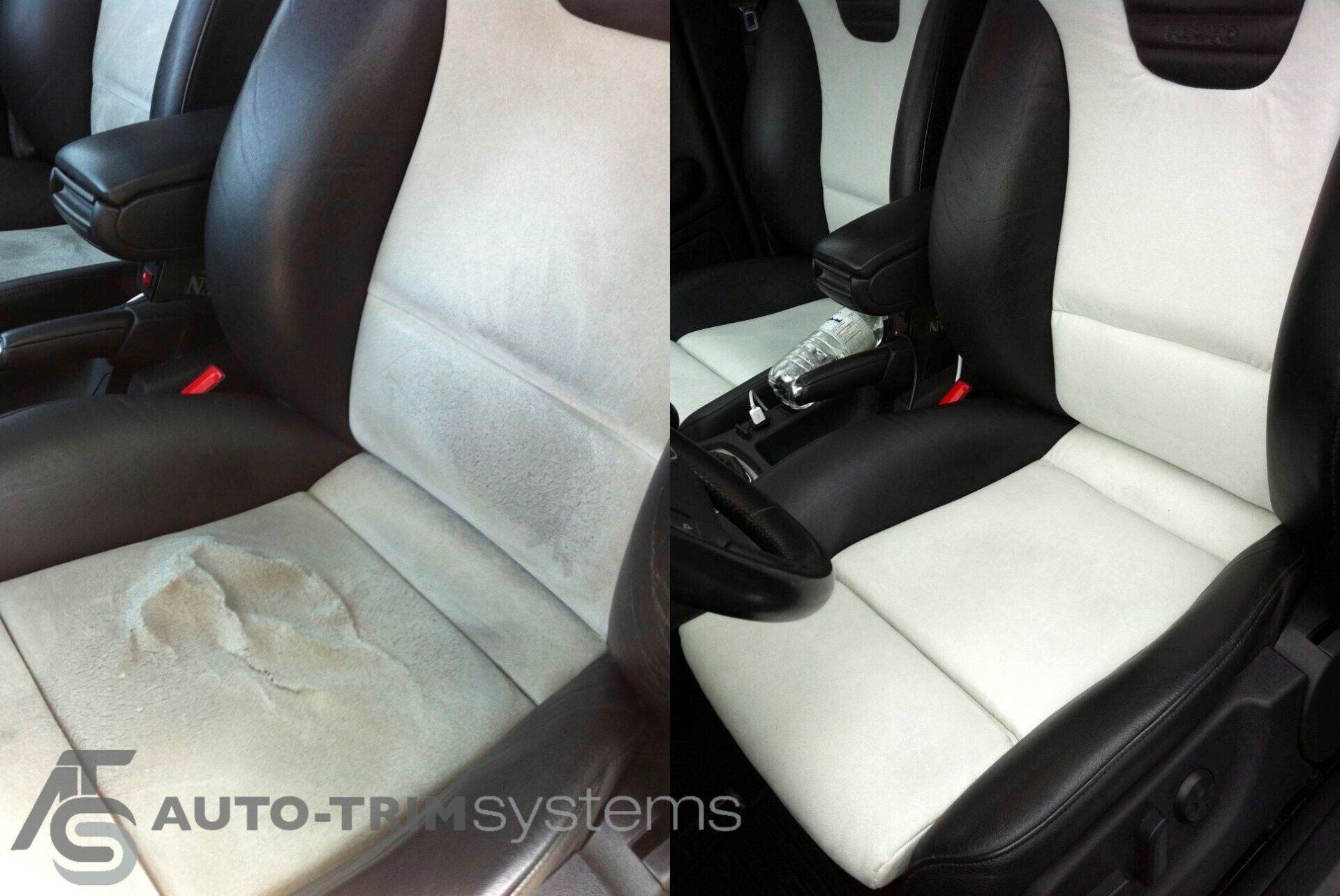 Repaired grey Alcantara fabric on Audi S3 seats