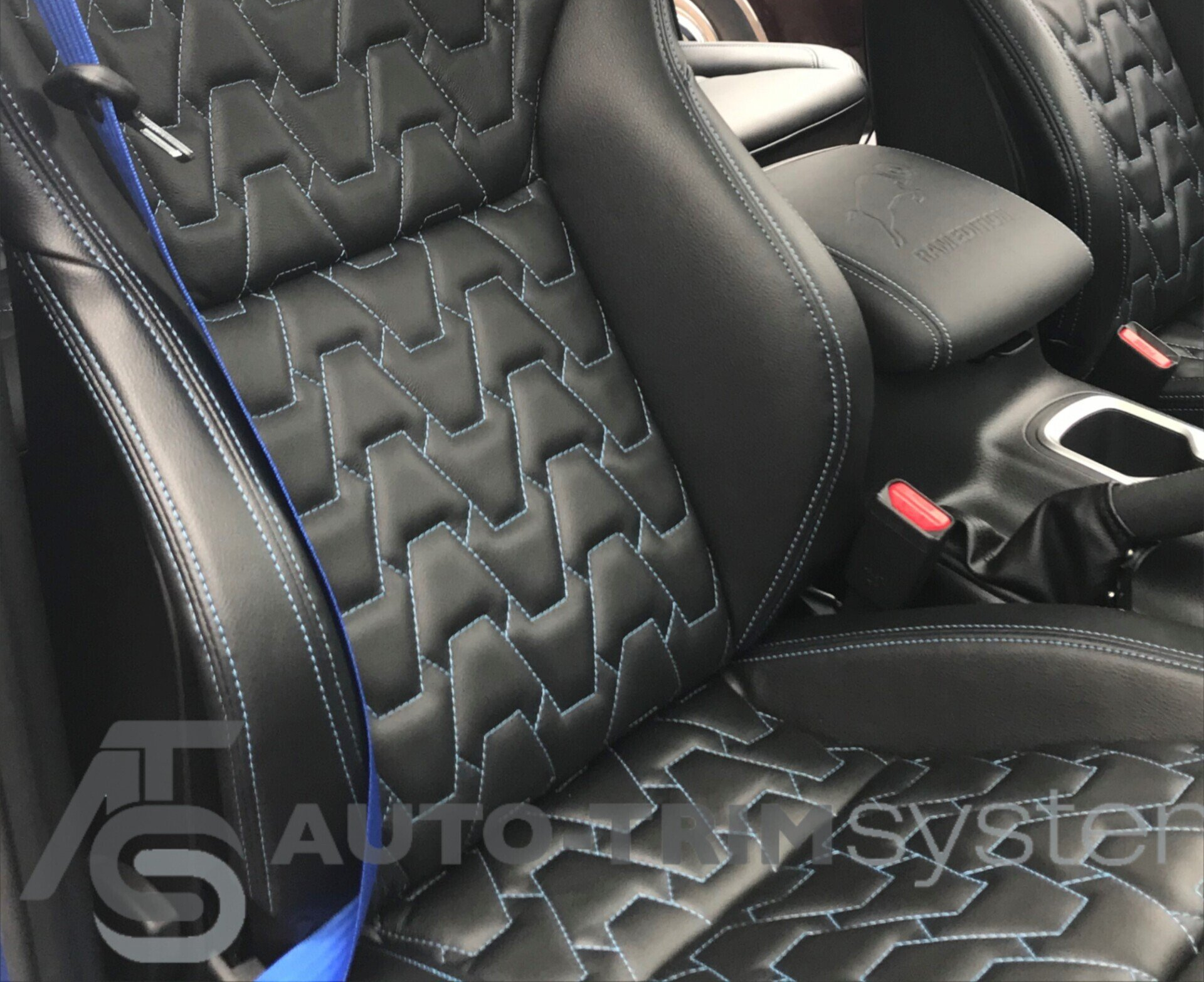 Customised black leather with blue pattern stitch on Recaro Sportster CS seats